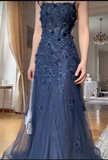 Ndyad Blue Tulle A-Line Spaghetti Strap Appliqu¨¦ Long Prom Dress Evening Dress HZ1024