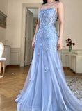 Ndyad Blue Tulle A-Line Spaghetti Strap Appliqu¨¦ Long Prom Dress Evening Dress HZ1024
