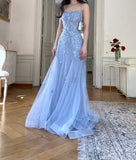 Ndyad Blue Tulle A-Line Spaghetti Strap Appliqu¨¦ Long Prom Dress Evening Dress HZ1024