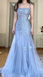 Ndyad Blue Tulle A-Line Spaghetti Strap Appliqu¨¦ Long Prom Dress Evening Dress HZ1024