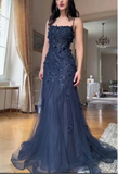 Ndyad Blue Tulle A-Line Spaghetti Strap Appliqu¨¦ Long Prom Dress Evening Dress HZ1024