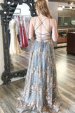 Ndyad A-Line Spaghetti Strap Tulle Long Prom Dress Sequins Evening Gown with Slits HZ1024