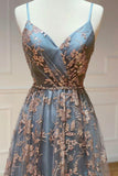 Ndyad A-Line Spaghetti Strap Tulle Long Prom Dress Sequins Evening Gown with Slits HZ1024