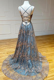 Ndyad A-Line Spaghetti Strap Tulle Long Prom Dress Sequins Evening Gown with Slits HZ1024