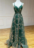 Ndyad A-Line Spaghetti Strap Tulle Long Prom Dress Sequins Evening Gown with Slits HZ1024