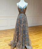 Ndyad A-Line Spaghetti Strap Tulle Long Prom Dress Sequins Evening Gown with Slits HZ1024