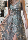 Ndyad A-Line Spaghetti Strap Tulle Long Prom Dress Sequins Evening Gown with Slits HZ1024
