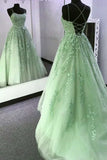 Ndyad Green A-Line Spaghetti Strap Tulle Applique Long Prom Dress HZ1024