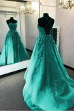 Ndyad Green A-Line Spaghetti Strap Tulle Applique Long Prom Dress HZ1024