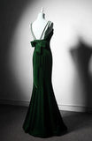 Ndyad Green Vintage Mermaid Velvet Spaghetti Straps Long Prom Dress HZ1024