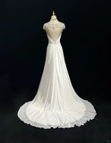 Ndyad Elegant A-Line Chiffon V-neck Long Prom Dress with Beading Simple Wedding Dress HZ1024