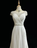 Ndyad Elegant A-Line Chiffon V-neck Long Prom Dress with Beading Simple Wedding Dress HZ1024