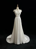 Ndyad Elegant A-Line Chiffon V-neck Long Prom Dress with Beading Simple Wedding Dress HZ1024