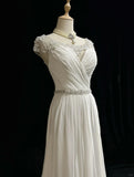 Ndyad Elegant A-Line Chiffon V-neck Long Prom Dress with Beading Simple Wedding Dress HZ1024