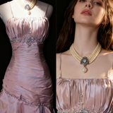 Evafashion Spaghetti Straps Mermaid Evening Dress?? Pink Satin Layered Pleated Prom Dress with Beading HZ1024