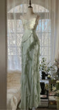 Ndyad Sheath Spaghetti Strap Ruffled Prom Dress with Beading Evening Dress HZ1024