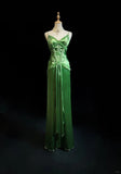 Ndyad Spaghetti Strap Sheath Satin Beaded Prom Dress Evening Gown HZ1024
