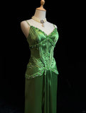 Ndyad Spaghetti Strap Sheath Satin Beaded Prom Dress Evening Gown HZ1024