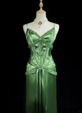 Ndyad Spaghetti Strap Sheath Satin Beaded Prom Dress Evening Gown HZ1024