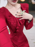 Ndyad retro red ruffled niche design slim long skirt HZ1024