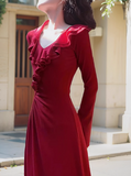 Ndyad retro red ruffled niche design slim long skirt HZ1024