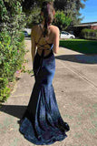 Ndyad Backless Mermaid V-Neck Sleeveless Velvet Long Prom Dress HZ1024