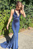 Ndyad Backless Mermaid V-Neck Sleeveless Velvet Long Prom Dress HZ1024