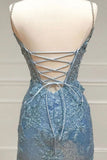 Ndyad Tiffany Blue Spaghetti Straps Tulle Applique Long Prom Dress Sequined Evening Dress with Slits HZ1024