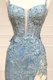 Ndyad Tiffany Blue Spaghetti Straps Tulle Applique Long Prom Dress Sequined Evening Dress with Slits HZ1024