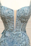 Ndyad Tiffany Blue Spaghetti Straps Tulle Applique Long Prom Dress Sequined Evening Dress with Slits HZ1024