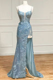 Ndyad Tiffany Blue Spaghetti Straps Tulle Applique Long Prom Dress Sequined Evening Dress with Slits HZ1024