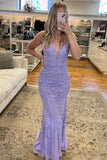 Ndyad Lilac Mermaid V-neck Applique Long Prom Dress Sequined Evening Dress HZ1024