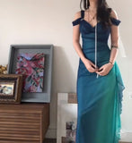 Ndyad Blue Sweetheart Neck Bodycon Dress Ruffled Party Dress Spaghetti Strap Evening Dress HZ1024