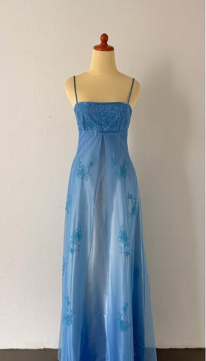 Ndyad Vintage Prom Dress Under $170??Gorgeous Spaghetti Straps Beading Applique Gradient Blue Sleeveless Long Evening Dress HZ1024