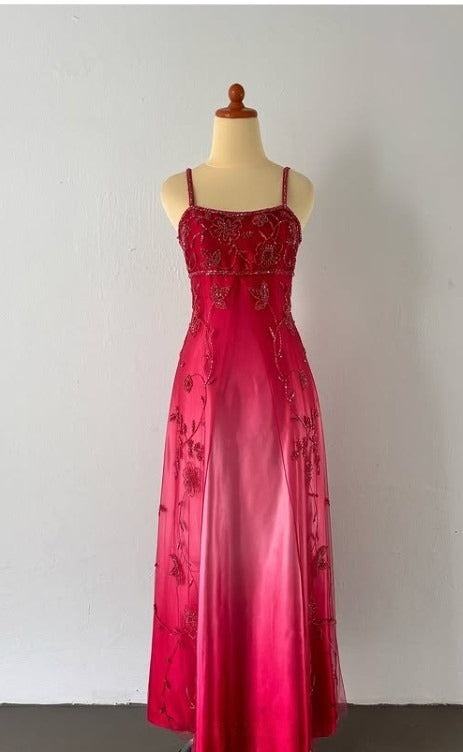 Ndyad Vintage Prom Dress Under $170??Gorgeous Spaghetti Straps Beading Applique Gradient Blue Sleeveless Long Evening Dress HZ1024