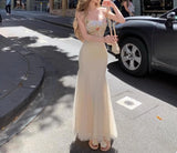 Ndyad Sweet Lace Applique Spaghetti Strap Mermaid Sleeveless Long Birthday Prom Dress Adult Ceremony Graduation Prom Dress HZ1024