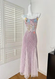 Ndyad Sweet Lace Applique Spaghetti Strap Mermaid Sleeveless Long Birthday Prom Dress Adult Ceremony Graduation Prom Dress HZ1024