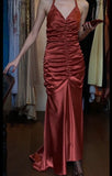 Ndyad Red Vintage Halter Mermaid Satin Long Backless Prom Dress Sleeveless Party Dress HZ1024