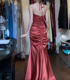 Ndyad Red Vintage Halter Mermaid Satin Long Backless Prom Dress Sleeveless Party Dress HZ1024