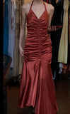 Ndyad Red Vintage Halter Mermaid Satin Long Backless Prom Dress Sleeveless Party Dress HZ1024
