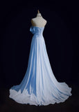 Ndyad Blue A-line Chiffon Pleated One Shoulder Slit Long Evening Gown Wedding Guest Dress HZ1024