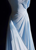 Ndyad Blue A-line Chiffon Pleated One Shoulder Slit Long Evening Gown Wedding Guest Dress HZ1024