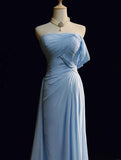 Ndyad Blue A-line Chiffon Pleated One Shoulder Slit Long Evening Gown Wedding Guest Dress HZ1024