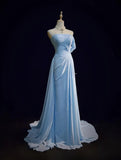 Ndyad Blue A-line Chiffon Pleated One Shoulder Slit Long Evening Gown Wedding Guest Dress HZ1024