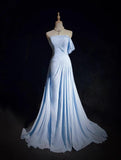Ndyad Blue A-line Chiffon Pleated One Shoulder Slit Long Evening Gown Wedding Guest Dress HZ1024
