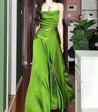 Ndyad Green Spaghetti Strap Slit Satin Long Sleeveless Prom Dress Party Pong Evening Dress HZ1024