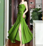 Ndyad Green Spaghetti Strap Slit Satin Long Sleeveless Prom Dress Party Pong Evening Dress HZ1024