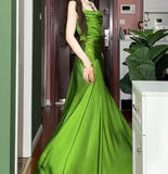 Ndyad Green Spaghetti Strap Slit Satin Long Sleeveless Prom Dress Party Pong Evening Dress HZ1024