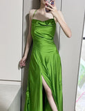 Ndyad Green Spaghetti Strap Slit Satin Long Sleeveless Prom Dress Party Pong Evening Dress HZ1024