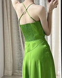 Ndyad Green Spaghetti Strap Slit Satin Long Sleeveless Prom Dress Party Pong Evening Dress HZ1024